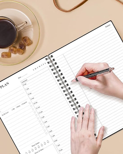 Daily Planner Undated - B5 To Do List Notebook Hourly Schedules, Spiral Appointment Planner for Women and Men, PVC Hardcover, Inner Pocket, Elastic Closure, 7" x 10", Black