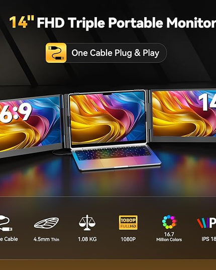 14" Laptop Triple Screen Extender Portable, One Cable Connection Laptop Monitor FHD 1080P IPS, Ultra Thin Dual Monitor for 13-17" Laptops, Plug & Play Compatiable with Win/Mac/Chrome/Android/Switch