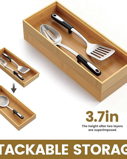 Bamboo Drawer Organizer, Stackable Utensil Trays for Kitchen, Wood Silverware Organizer for Drawer, Set of 2-15"x6"x2"