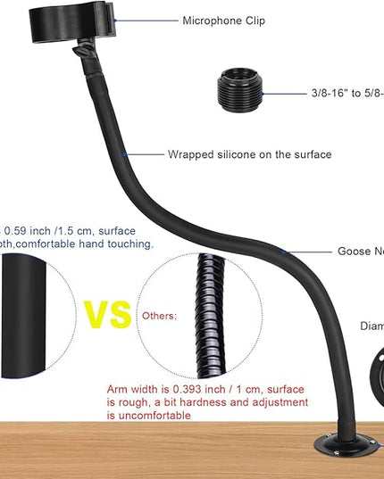 Microphone Holder - 23.6 inch Long Arm Gooseneck Desktop Mic Stand,Mic Arm Wall Mount,Metal Base Mic Clip 3/8" to 5/8" Adapter for Walls/Desk/Podium,Compatible with Shure/Fifine/AT2020/Pyle/Razer