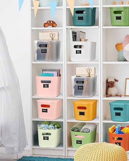 Thyle 12 Pack 7 Quarts Plastic Storage Bins for Christmas Storage with Lids Handles Colorful Stackable Desktop Box Bins with Label for Shelf Drawer,10 x 7 x 6 Inch (Classic Color)