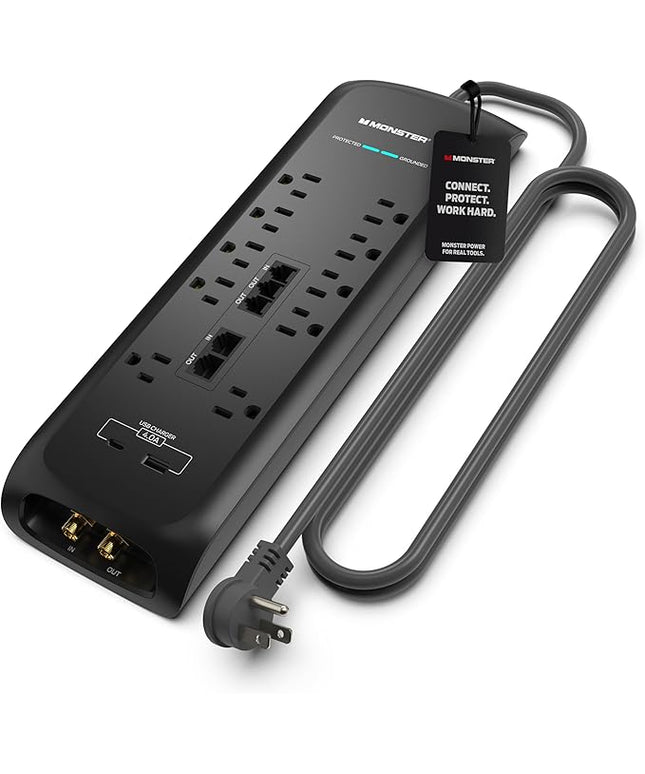 Monster Power Surge Protector w/ 4050 Joule Rating — Heavy Duty 6 FT Surge Protector Power Strip w/ 10 Outlets, 2 USB, 2 Coax, 2 Ethernet Ports — Fireproof MOV, Dual Mode, Clean Tech (Black)