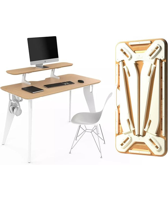 HOEK Modern Collapsible Work from Home Desk Bundle, Durable Laminate Surface, Portable Folding Computer Desk with 47.5" x 23", Easy Tool-Free Assembly, Compact Study and Office Table (Birch/White)