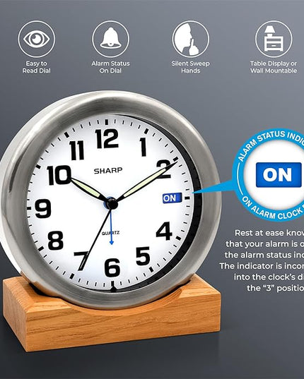 Sharp Silent Sweep Quartz Analog Desk Clock with Alarm Status Indicator on Dial, Brushed Metal Clock with Genuine Wood Stand, Great Gift for Home or Office