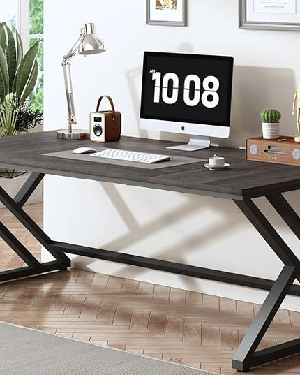 HSH Large Rustic Computer Desk, Industrial Extra Long Home Office Desk, Modern Pc Study Gaming Writing Table for Two Person, Workstation Executive Desk for Home Bedroom Living Room, Dark Gray, 70 Inch