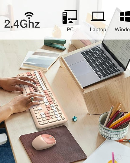MOFII Wireless Keyboard Mouse Combo, Colorful Compact Full Size Wireless Keyboard and Mouse Set 2.4G Ultra-Thin Sleek Design for Windows, Computer, Desktop, PC, Notebook- Milk Tea Colorful