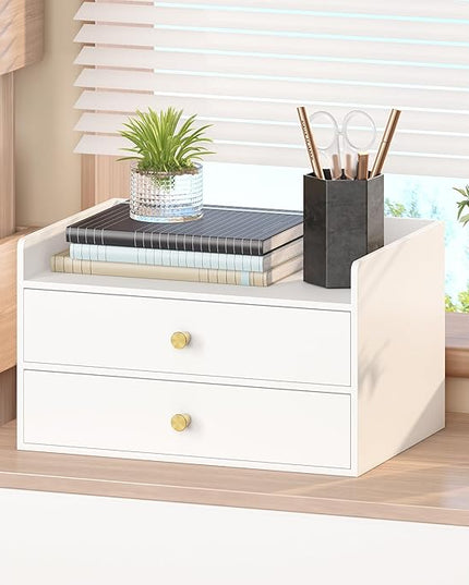 Bamboo Desk Organizer with Drawers Wooden Desktop Storage Drawers for Bills Office Supplies Kitchen Utensils Organizing Tool for Home Classroom Organization No Assembly (2 Drawers, White)