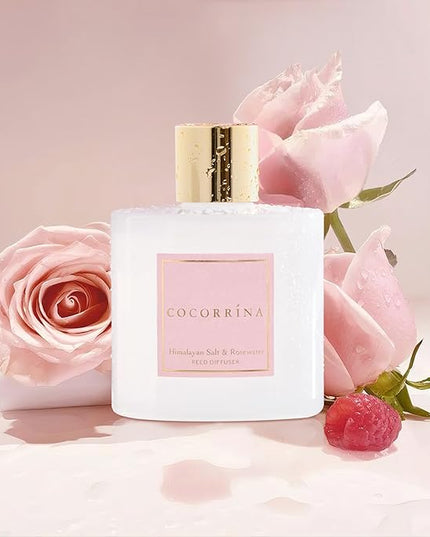 COCORRÍNA Reed Diffuser - Himalayan Salt & Rosewater 6.7 Fl.oz Reed Diffuser Set with Sticks & Preserved Baby's Breath, Reed Diffuser for Home Bathroom Shelf Decor