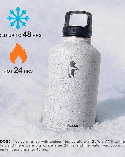 Half Gallon Water Bottle Insulated with Straw&3 Lids, Coolflask 64 oz Water Jug Galaxy Large Metal Stainless Steel flask for Gym, Sports and Office, Keep Cold 48H Hot 24H, Arctic White