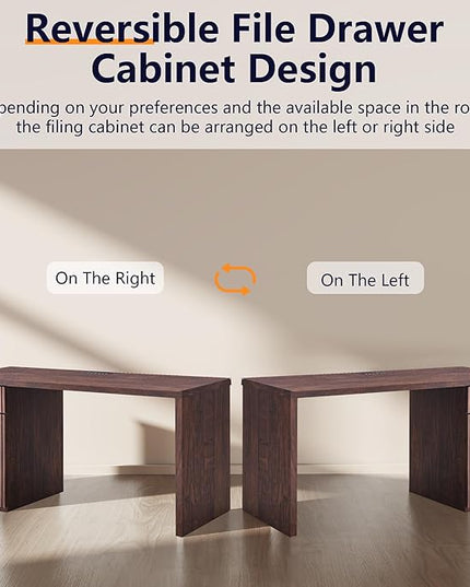 JXQTLINGMU 60" Modern Executive Desk with Storage, Wood Home Office Desk with Drawer & Cabinet, Fluted Computer Writing Desk for Study, Living Room, Bedroom, Dark Walnut