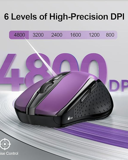 TECKNET Wireless Mouse (2.4G & BT5.0/3.0) Silent 4800 DPI Computer USB A & Bluetooth Mouse 6 Buttons, Wide Compatibility - Purple