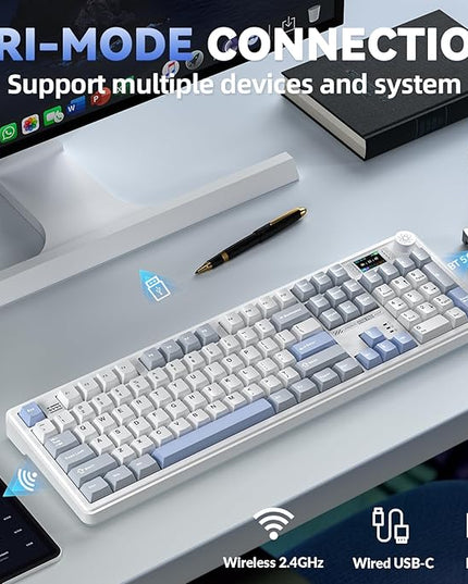 LINGBAO K108 Pro Wireless Mechanical Keyboard with Screen & Knob, Full Size Creamy Keyboard with Number Pad, 10000mAh Battery, PBT Keycaps, RGB Backlit, Hot-swappable Gaming Keyboards