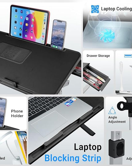 iXTRA Laptop Lap Desk Include Cooling Fan,Adjustable Lap Desk with Light Fan,Folding Laptop Desk for Bed with USB,Bed Desk with Storage Drawer 56 * 32cm,Black