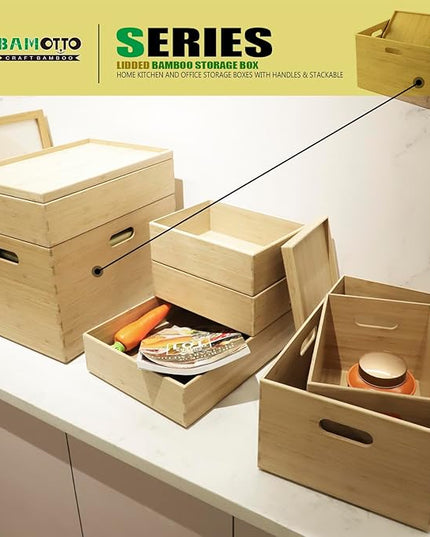BAMOTTO Lidded Bamboo Storage Bins & Box/Cube/Basket, Home Kitchen and Office Storage Boxes with Handles & Stackable for Organizer Tableware, Crafts, Office Shelf Books, Large, 14.6”x10.2”x9.6”