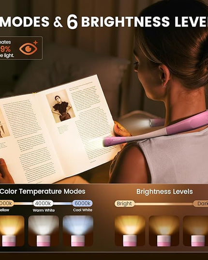 Glocusent Book Light, 3-Color & 6-Brightness Reading Light, Bendable Neck Light, 80-hr Lasting Rechargeable Book Light, Perfect Reading Lights for Books in Bed, Knitting, Book Lovers Gifts - 1Pack