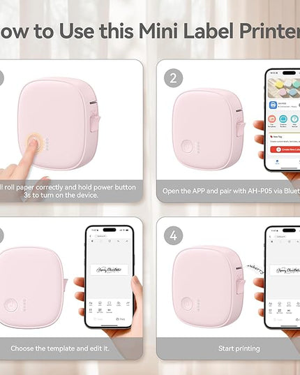 Mini Label Maker Machine with Tape AH-P05 - Portable Bluetooth Mini Label Printer, Wireless Thermal Label Maker, Waterproof & Rechargeable, Built-in Cutter, for Home, Office, Kitchen - Pink