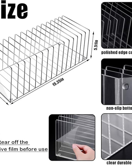 Ctosree Acrylic File Organizer for Desk Vertical 15 Compartments File Sorter Mail Organizer Desktop Countertop Folder Stand Racks for Office Home School Desk(Rectangle,Clear)
