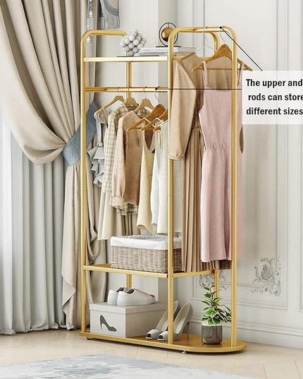 MAIKAILUN Gold Clothing Rack, 39“L Modern Industrial Clothes Rack for hanging Clothes with Top Rod and 3-Tier Shelves, Multi-functional Heavy Duty Garment Rack Cloest Organizer Coat Rack for Boutique