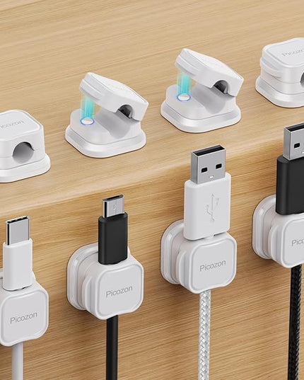 8 Pack Magnetic Cable Clip Organizer Cord Holder, Picozon Adhesive Cable Management, Wire Phone USB Charger Cable Holder, Keeper Organizer for Office Home Desktop Table - White