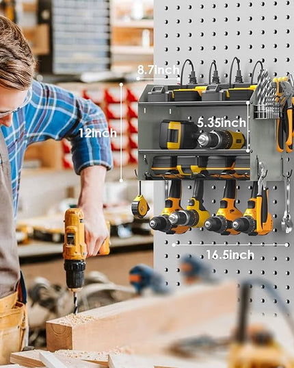 CCCEI Modular Power Tool Organizer Wall Mount with Charging Station. Garage Drill Storage Shelf with Hooks, Heavy Duty Rack, Tool Battery Holder Built in 8 Outlet. Gift for Men. Grey, 1 Pack.
