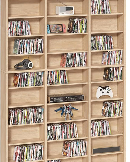 LELELINKY 11 Tier Tall Display Cabinet, Natural Media Storage Cabinet with Adjustable Shelves, Free Standing DVD Organizer Shelf, Multimedia Storage Manga Bookshelf for Living Room & Home Office.