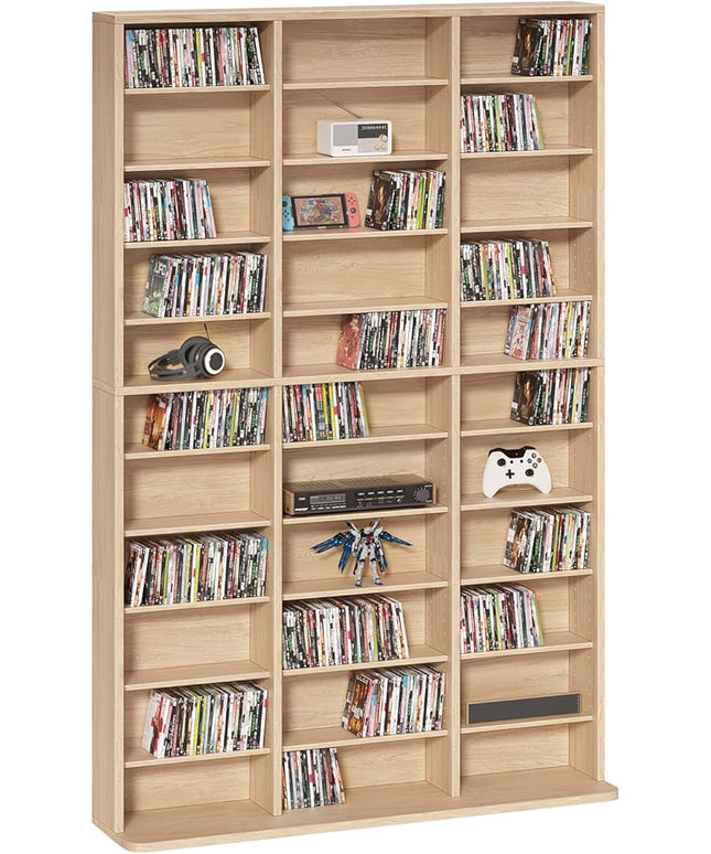 LELELINKY 11 Tier Tall Display Cabinet, Natural Media Storage Cabinet with Adjustable Shelves, Free Standing DVD Organizer Shelf, Multimedia Storage Manga Bookshelf for Living Room & Home Office.