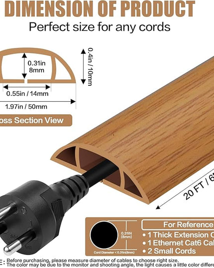 Floor Cord Cover Self Adhesive Cord Hider,20FT Cable Management, Extension Strip Protector for Wires, Prevent Cable Trips for Offices, Gyms, Exhibitions Cavity:0.47"(W) x 0.35"(H) Brown Wood