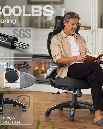 ELABEST X100 Ergonomic Mesh Office Chair, Big and Tall Hone Desk Chair with 5D Flip-Up Arms, Adjustable 3D Lumbar Support,Gaming & Executive Computer Chairs for Long Hours, Padded Seat