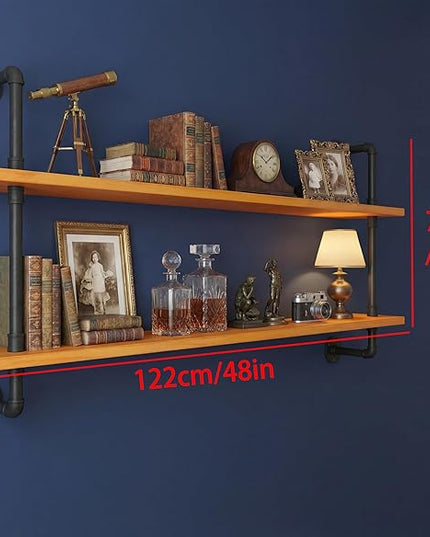 Industrial Pipe Wall Shelves - 48" Rustic Natural Oak Solid Wood, 9.85" Deep Floating Shelving for Farmhouse Rustic Decor, Sturdy Storage for Books/Plants/Toiletries