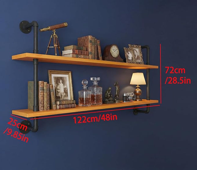 Industrial Pipe Wall Shelves - 48" Rustic Natural Oak Solid Wood, 9.85" Deep Floating Shelving for Farmhouse Rustic Decor, Sturdy Storage for Books/Plants/Toiletries