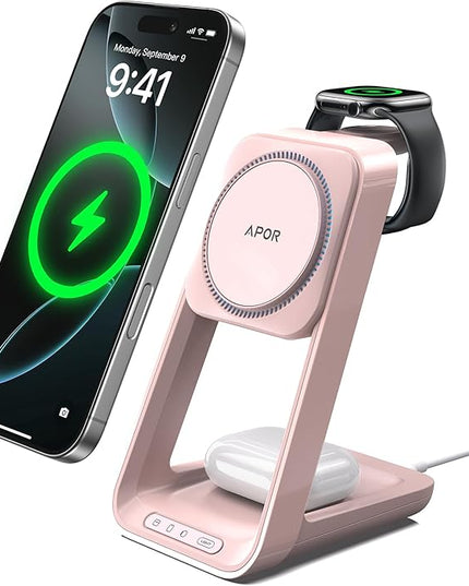 3 in 1 Charging Station for iPhone, Magsafe Wireless Charger with Cooling Fan for iPhone 17 16e 16 15 14 13 12 Series & Apple Watch Charger, Wireless Charging Station for AirPods 4/3/Pro (Pink)
