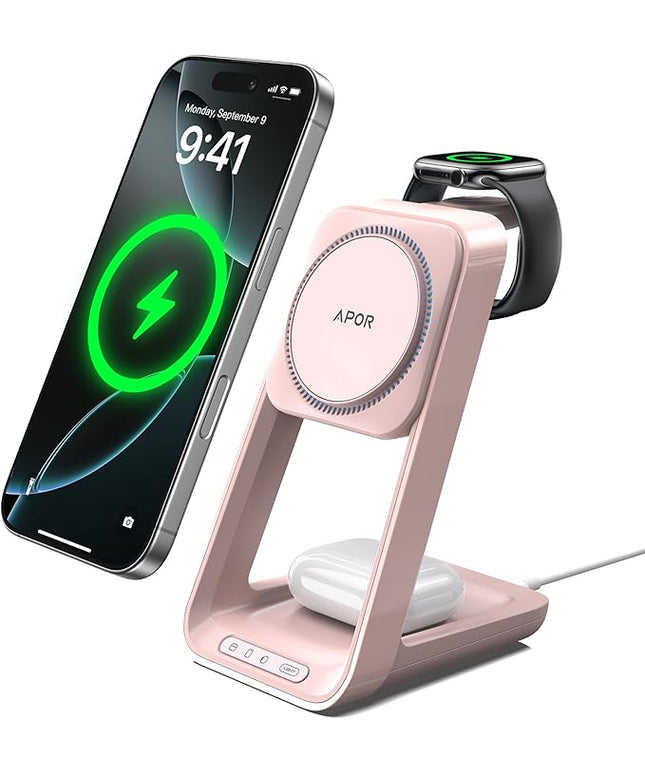 3 in 1 Charging Station for iPhone, Magsafe Wireless Charger with Cooling Fan for iPhone 17 16e 16 15 14 13 12 Series & Apple Watch Charger, Wireless Charging Station for AirPods 4/3/Pro (Pink)