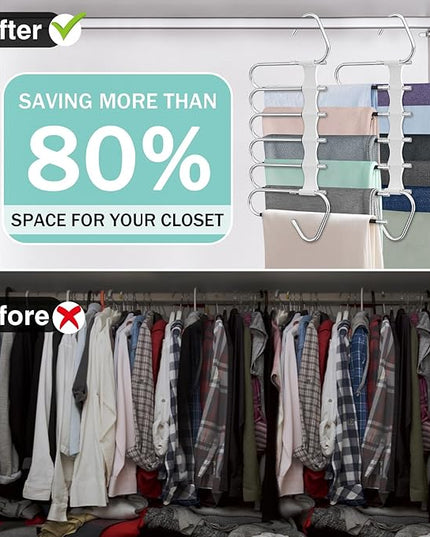 Upgrade 6 Layers Pants Hangers Space Saving, 2Pack Stainless Steel Multifunctional Rack Non Slip S-Type Clothes Jean Hanger Closet Organizer for Jeans Leggings Trousers Skirts Scarf, White