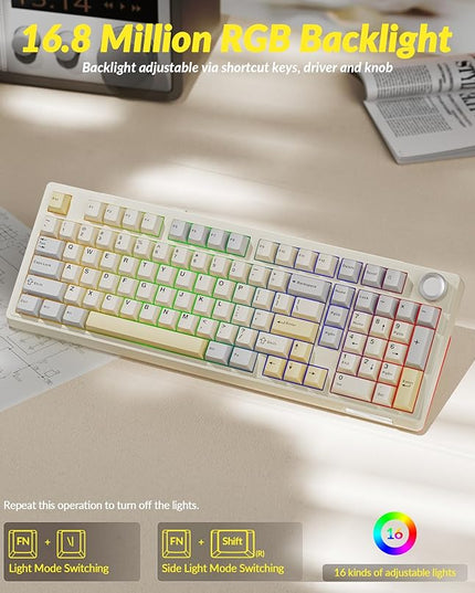 SOLAKAKA KI99 Pro 96% Wireless Gaming Keyboard, RGB Creamy Keyboardw with Knob, Hot-Swappable Pre-Lubed Switches, Gasket Structure Mechanical Keyboards (Beige-White, Non-Silent Version)