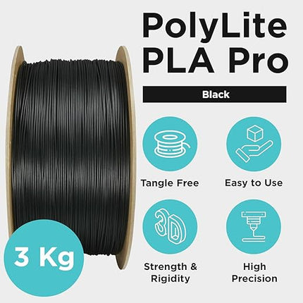 Polymaker PLA PRO Filament 1.75mm 3kg, Tough & High Rigidity Black 3D Printing Filament, PolyLite PLA PRO 3D Printer Filament 1.75mm, Print with Most 3D Printers