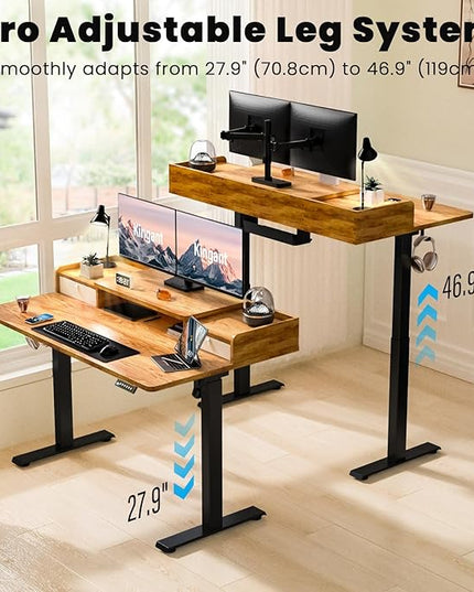 Kingant 48 x 30 Inch Standing Desk with Drawers, Adjustable Height Electric Sit Stand Desk with Storage Shelf, Rising Stand Up Computer Desk for Home Office Workstation, 3 Preset Heights(Light Rustic)