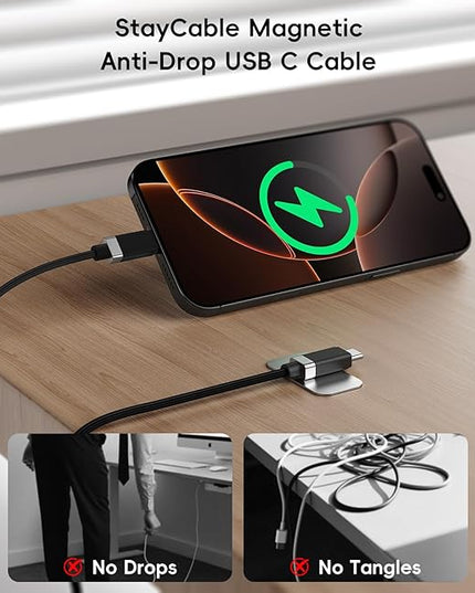 Magtame StayCable 2Pack USB A to USB C Cable with Magnetic Holder 3.3FT, Anti-Drop 3A Fast Charging and Data Sync Type C Cable, Braid Charger Cord for iPhone 17 16, Bedside, Desk, Car Cord Management
