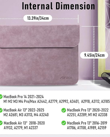 Allinside 13 Inch Laptop Sleeve Case for MacBook Air 13 2018-2025/MacBook Pro 13 2016-2022/Macbook Pro 14 2021-2024, Waterproof Matte PU Leather Horizontal Envelope Protective Case Cover, Purple