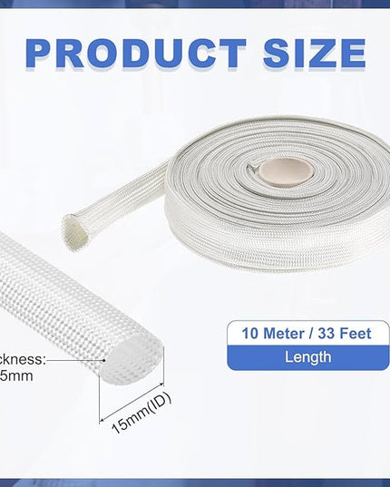 uxcell Insulation Cable Protector,15mm/0.59 Inch-10m/33 Feet High Temp Fiberglass Sleeve White