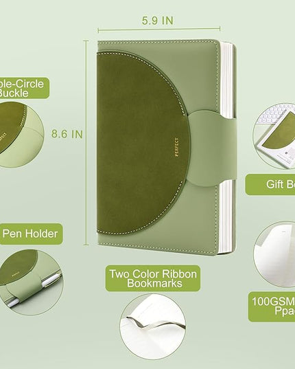 CAGIE Lined Journal for Women, 100GSM Leather Journals for Writing with Buckle Closure,A5 Hardcover Diary Journaling Notebooks for Business Work School Note Taking 5.9" x8.59 (Green)