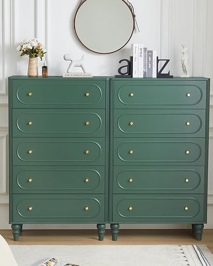5 Drawer Fluted Dresser for Bedroom, Mid Century Modern Chest of Drawers, Wood Storage Large Dresser Organizer for Bedroom Living Room Hallway Closet, Green