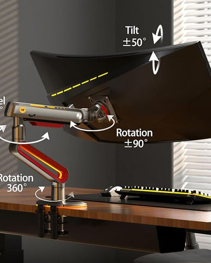 NB Designer Gaming Monitor Arm for 32 to 60 Inches Screen, Load up to 20 kg, VESA 75/100, RGB-Light, Heavy Duty, Multi Angle Adjustable, Premium Aluminum, Long Arm Extension Red