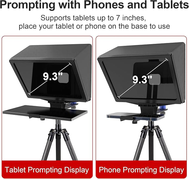 9.3-Inch All-Metal Teleprompter, 70/30 Beam Split Glass, 1/4’’ Thread, Phone & Camera Compatible, Portable for Video Recording