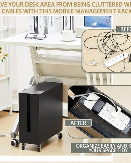 Extra Large Cable Management Box with Caster Wheels Adjustable Cord Hider Box for Power Strip Metal Router Hider Organizer Surge Protector Storage Organizer for Office, Home (Black)