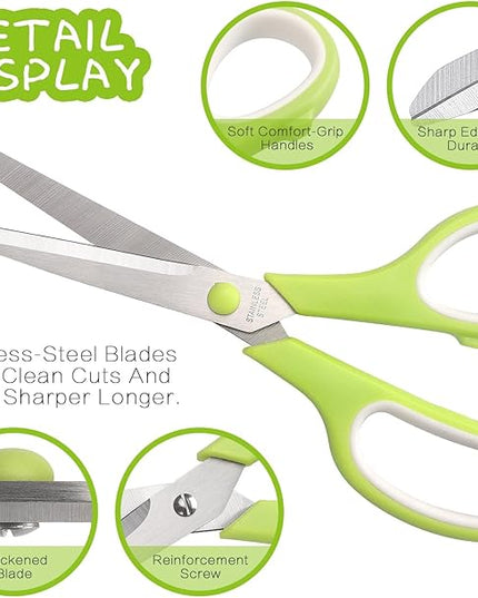 Scissors 8.5 Inch scissors all purpose Bulk Set of 3, Scissors for Office Home School Craft Supplies, Soft Comfort-Grip Right/Left Hand, Viridian, Vivid Green, Pink