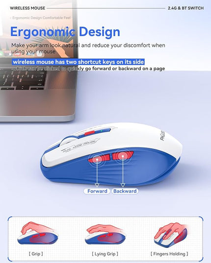 Wireless Mouse (Bluetooth & 2.4GHz USB) with Forward/Backward Side Keys, Silent Click, Ergonomic Portable AA Battery Mice for Laptop/Mac/iPad - Office & Travel Use, White & Blue