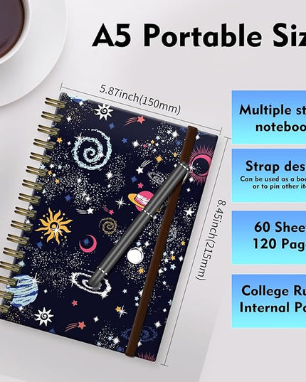 Spiral Journal Notebook, A5 Cute Notebooks for Women Men, College Ruled Hardcover Notebook for Work & Note Taking, 60 Pages Double-Wire Journals for Writing (Space Galaxy)