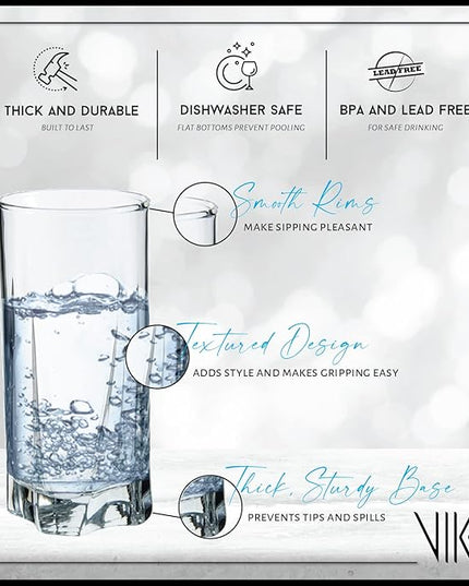Vikko Drinking Glasses, 12 Oz Drinking Glasses Set of 6, Crystal Clear Glass Cups for Water or Juice, Highball Glass Tumbler & Water Glasses for Drinking