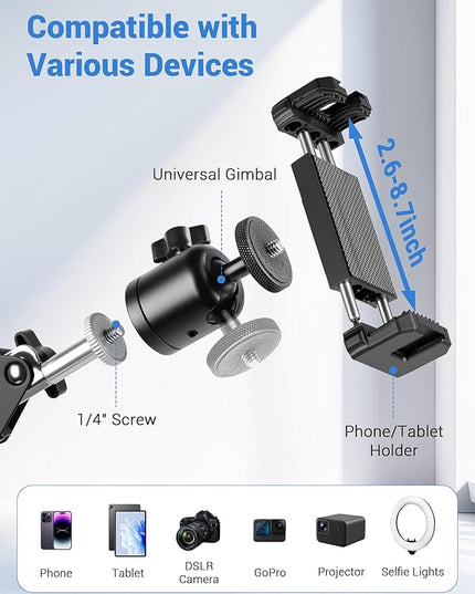 Overhead Camera Mount, Desk Camera Mount with 360° Adjustable Arm and Phone Holder for DSLR Cameras/iPhone/Webcam/Ring Light, Desk Phone Stand for Video Recording,Zoom Meeting,YouTube,TikTok