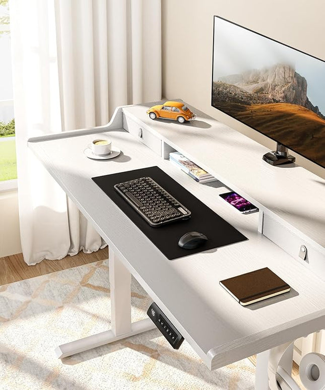 ErGear Electric Standing Desk with Drawers, 48″ x 24″ Gaming Table Compatible Monitor Stand, Stand up Desks, Home Office Height-Adjustable Desk with Storage Shelf, 4 Preset Heights, White
